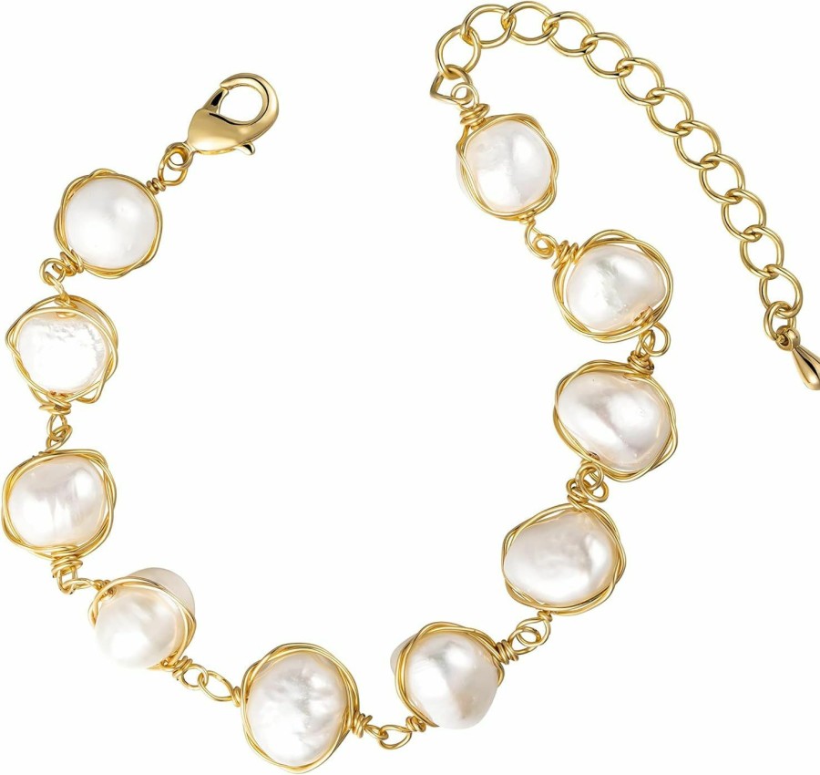 Cowlyn Cowlyn Pearl Bracelet Baroque Cultured Handmade Wind Bossimi 18K Gold Work Around Silk Adjustable Charm Fashion Valentine Delicate Vintage Jewelry For Women Girl Mom New