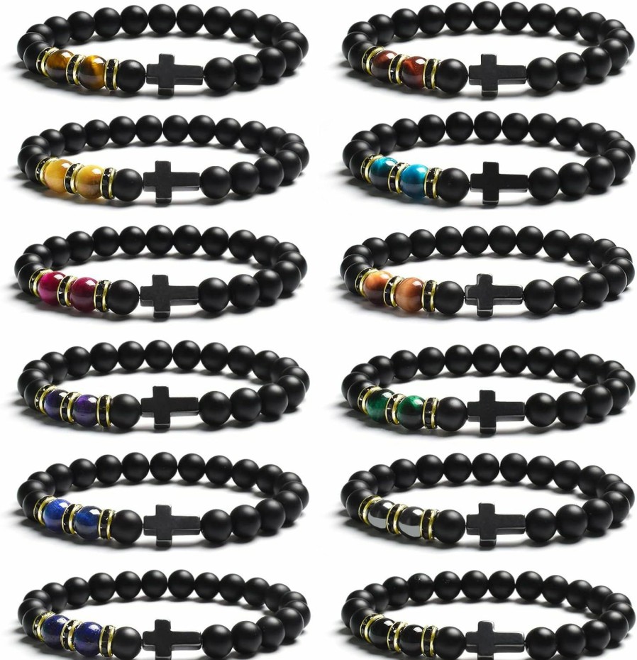 JEWPARK Jewpark 12Pcs Cross Beads Bracelet 8Mm Semi-Precious Gemstone Bracelet Set Healing Crystal Stone Bracelets For Men Women Round Beaded Elastic Bracelets Online