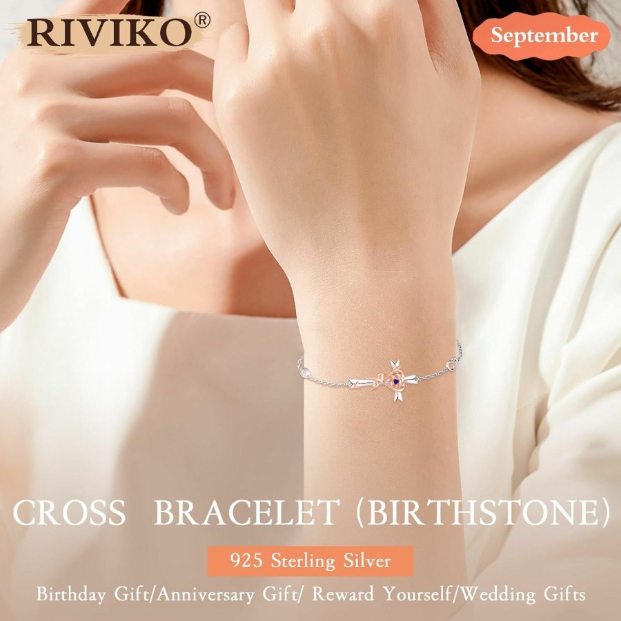 RIVIKO Riviko 925 Sterling Silver Cross Birthstone Bracelets For Women Cross Rose Bracelet Trendy Adjustable Link Mothers Day Christmas Anniversary Jewelry Gift For Women Girls Wife Girlfriends Daughter Mom Online