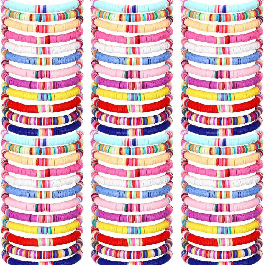 Equsion Equsion 100 Pcs Surfer Heishi Bracelets For Women Stackable Stretch Bracelets Elastic Layering Friendship Bracelets Rainbow Vinyl Disc Clay Beaded Bracelets Summer Beach Jewelry Boho, Multicolor New