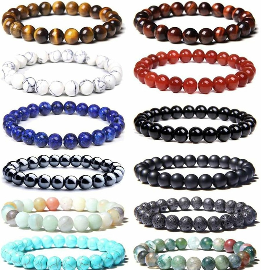 SONNYX Sonnyx 12 Pcs 8Mm Semi-Precious Gemstone Bracelet Set Healing Crystal Stone Stretch Bracelets For Men Women Round Beaded Elastic Bracelets Hot