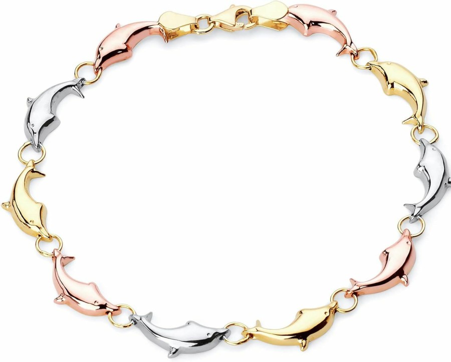 The World Jewelry Center 14K Real Tri Color Gold Stampato Dolphin Bracelet With Lobster Claw Clasp - 7.25\" Clearance