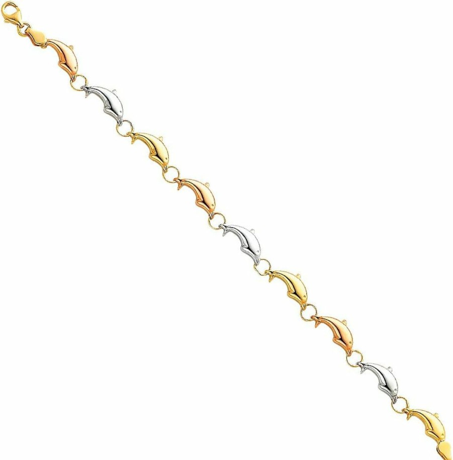 The World Jewelry Center 14K Real Tri Color Gold Stampato Dolphin Bracelet With Lobster Claw Clasp - 7.25\" Clearance