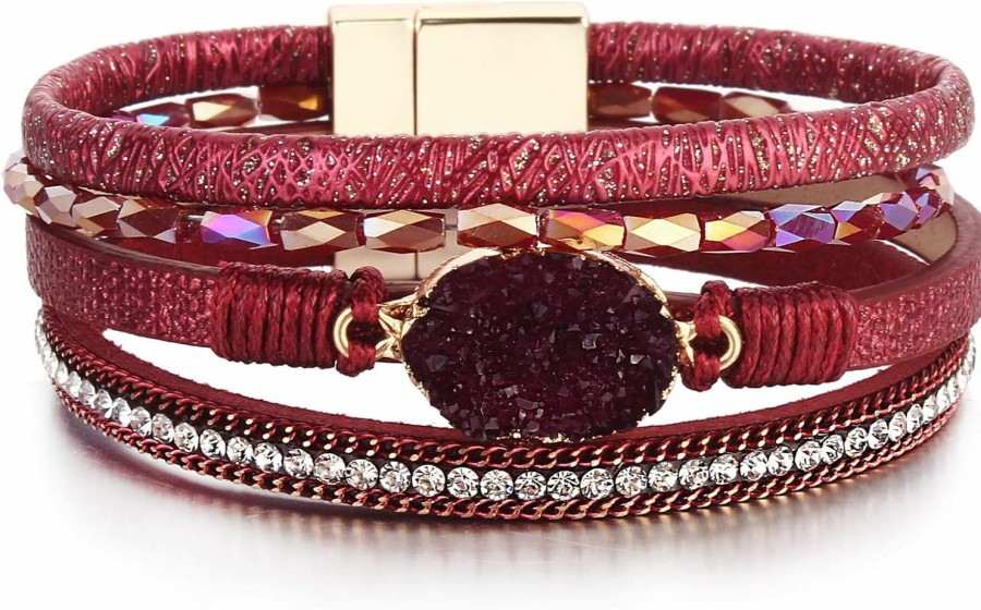 FANCY SHINY Fancy Shiny Boho Leather Wrap Bracelets Bohemian Crystal Bracelets Trendy Layered Bracelet With Magnetic Clasp Stackable Jewelry For Women Clearance