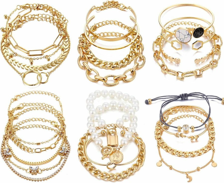 17IF 17If 6 Pack Dainty Boho Gold Silver Chain Bracelets Set For Women Girls Stackable Chunky Multipack Layered Bangles Adjustable Flat Cuff Cuban Punk Charm Bracelet Bundle Jewelry New