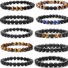 MOZAKA Mozaka 10Pcs 8Mm Natural Stone Lava Rock Beaded Bracelets For Men Women Tiger Eye Hematite Black Onyx Matte Beads Essential Oil Diffuser Lava Stone Bead Bracelets Bulk Wholesale