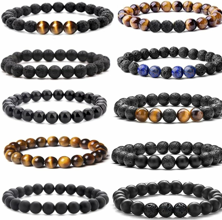 MOZAKA Mozaka 10Pcs 8Mm Natural Stone Lava Rock Beaded Bracelets For Men Women Tiger Eye Hematite Black Onyx Matte Beads Essential Oil Diffuser Lava Stone Bead Bracelets Bulk Wholesale