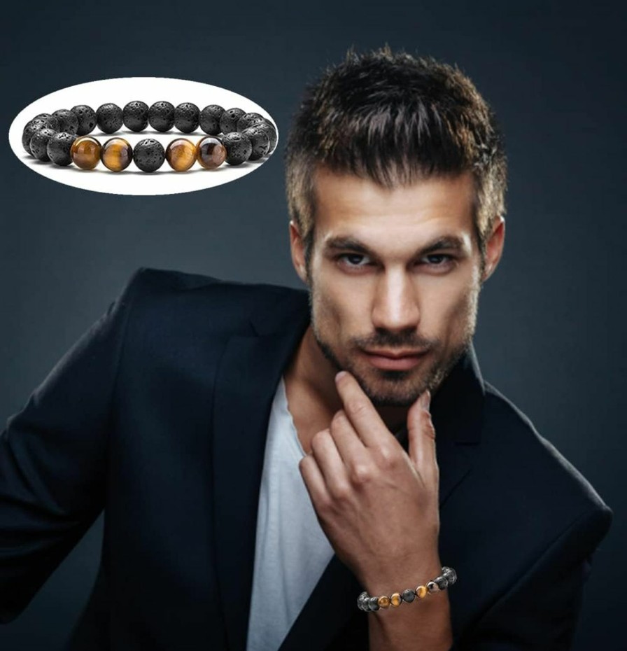 MOZAKA Mozaka 10Pcs 8Mm Natural Stone Lava Rock Beaded Bracelets For Men Women Tiger Eye Hematite Black Onyx Matte Beads Essential Oil Diffuser Lava Stone Bead Bracelets Bulk Wholesale