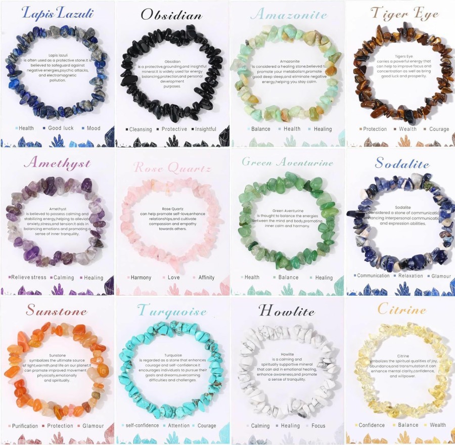 SONNYX Sonnyx 12 Pcs Healing Crystals Chip Bracelets Set For Women Natural Gemstone Bracelets Colorful Gravel Bead Bracelets Irregular Chips Beads Bracelet Reiki Stretch Beaded Bracelets Jewelry Gifts New