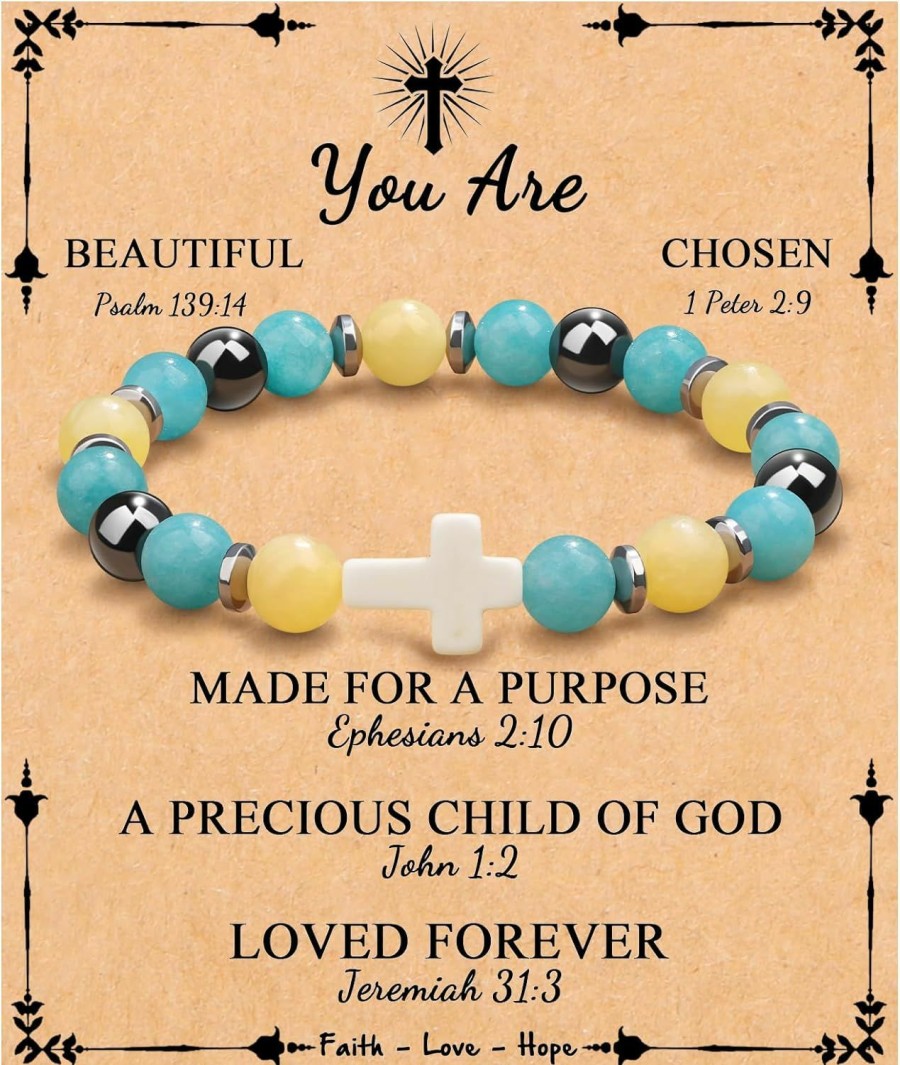 JoycuFF Joycuff Christian Gifts, Cross Bracelet For Women Girls, Faith Easter Catholic Religious Christian Jewelry, Meaningful Baptism Communion Natural Beads Bracelets Clearance