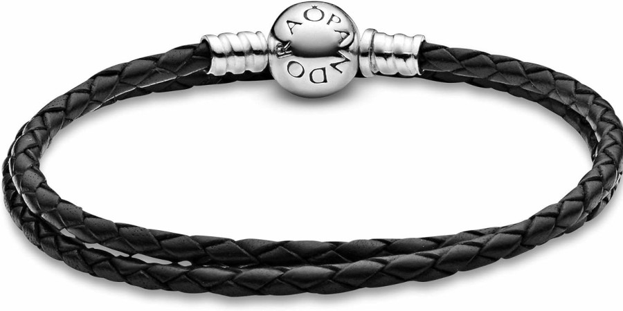 Pandora Pandora Jewelry Black Leather Charm Sterling Silver Bracelet, 16.1\", No Box Hot