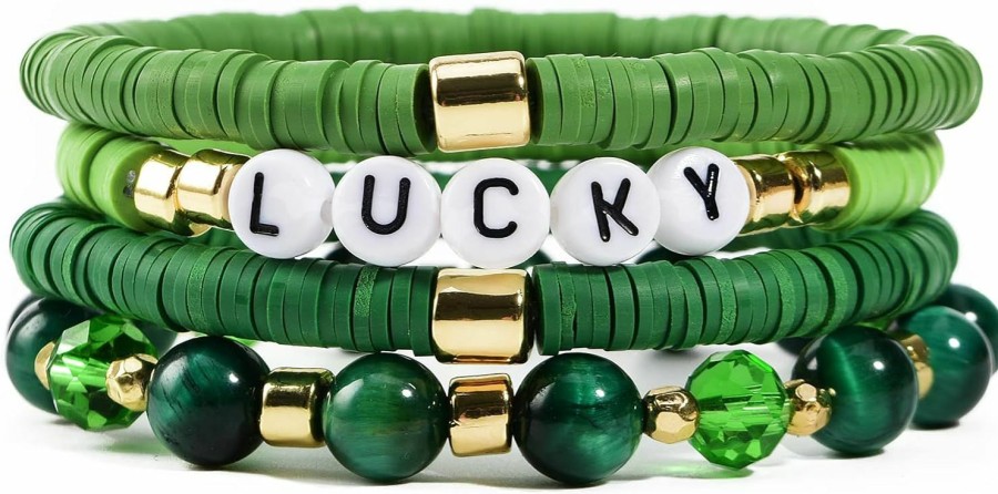 GOOTII Gootii Green Bracelets For Women Stackable Inspirational Message Clay Bead Crystal Stone Beaded Stretch Bracelets Set Friendship Boho Handmade Green Jewelry Wholesale