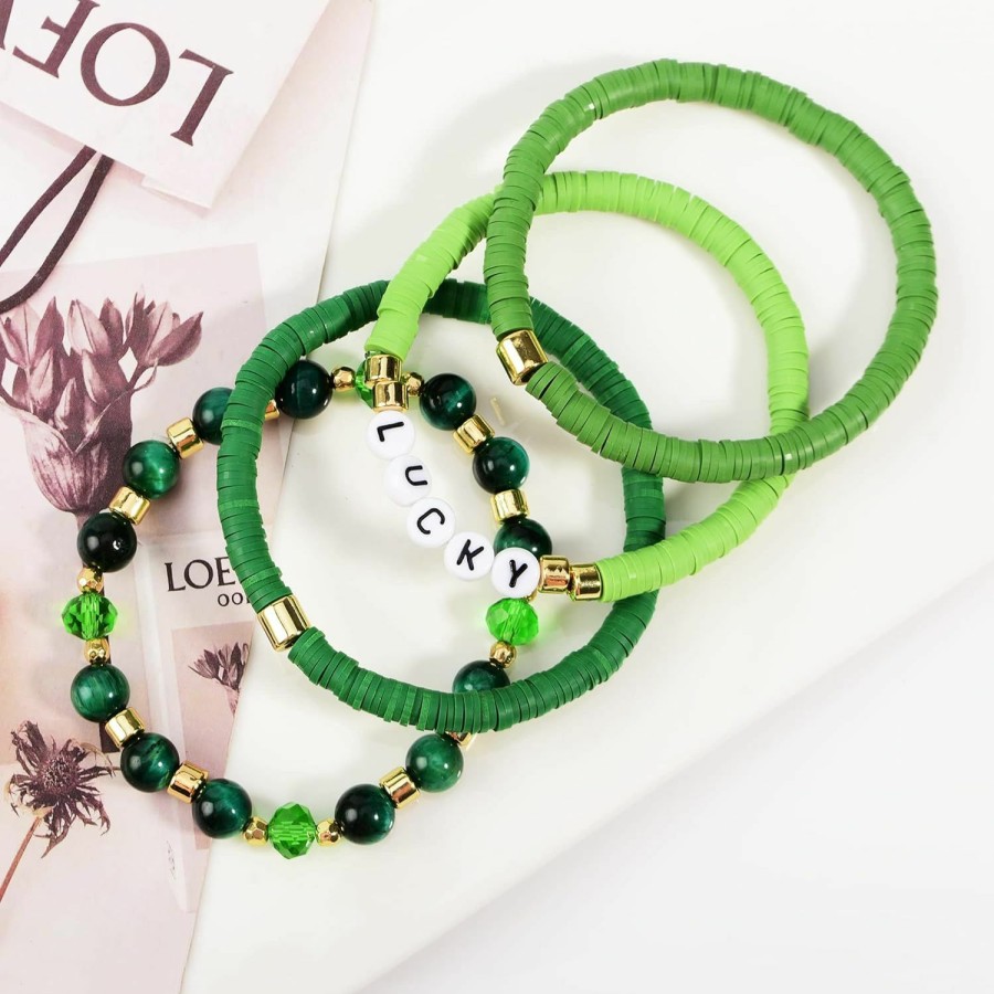 GOOTII Gootii Green Bracelets For Women Stackable Inspirational Message Clay Bead Crystal Stone Beaded Stretch Bracelets Set Friendship Boho Handmade Green Jewelry Wholesale