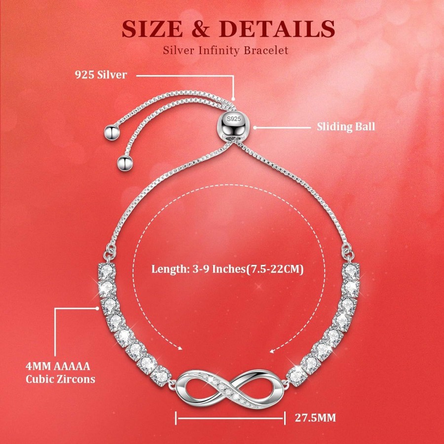 J.Fee J.Fee Infinity Bracelet, S925 Silver Bracelet With 5A Cubic Zirconia Heart Silver Bracelets For Women Adjustable Bracelet For Women Bracelets Womens Bracelet Women Gifts For Women Mom Girls New