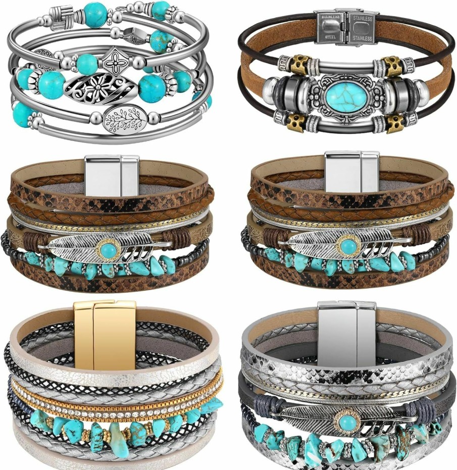 Sasylvia Sasylvia 6 Pcs Turquoise Bohemian Bracelets Multilayer Boho Cuff Wrap Bracelet Layer Crystal Beaded Bracelets Faux Leather Cuff Western Hippie Jewelry For Girls Women Birthday Gifts Clearance