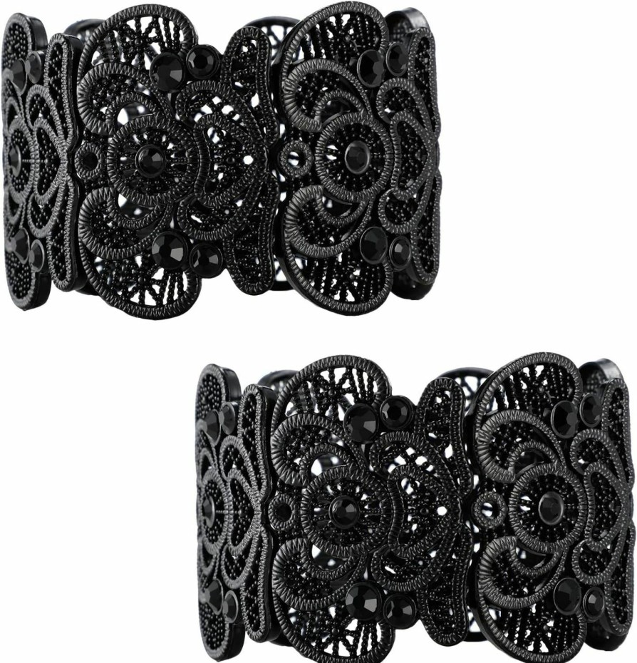 MTLEE 2 Pieces Black Bracelet For Women Gothic Bracelet Vintage Filigree Jewelry Ladies Cuff Bracelets Bohemian Lace Bracelet Lace Cuff Bangle Bracelet Wide Stretch Rhinestone Bracelets Statement Bracelet New