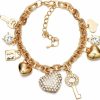 SILANER Silaner Gold Chain Link Bracelet - 7\"+ 2\" Extender 14K Gold Plated Love Locked Bracelets For Women And Girls, With Crystal, Love Heart,Key, Lock, Charm Bracelet Wholesale