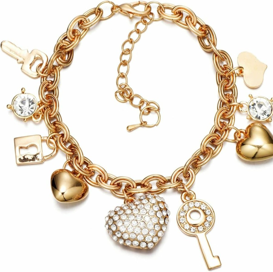 SILANER Silaner Gold Chain Link Bracelet - 7\"+ 2\" Extender 14K Gold Plated Love Locked Bracelets For Women And Girls, With Crystal, Love Heart,Key, Lock, Charm Bracelet Wholesale