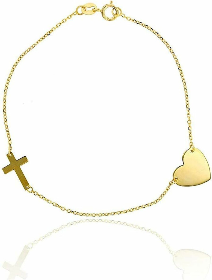 DECADENCE 10K Yellow Gold Diamond Cut Polished Heart Charm And Sideways Cross Bracelet, 7 Wholesale