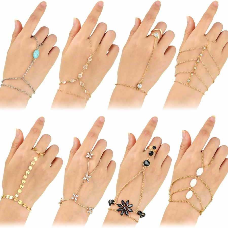 Sureio 8 Pieces Hand Chain Set Ring Bracelet Chain Tassel Crystal Finger Bracelet Bohemian Hand Jewelry For Women And Girls Best