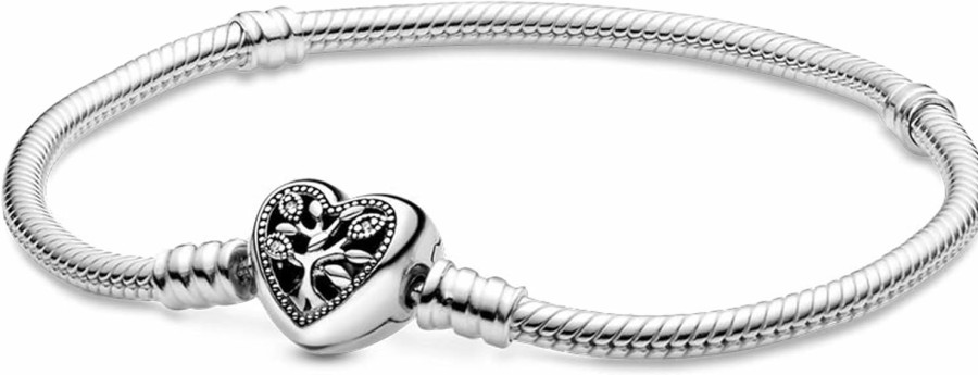 Pandora Pandora Moments Family Tree Heart Clasp Snake Chain Bracelet - Compatible Moments Charms - Sterling Silver, Cz & Black Enamel Charm Bracelet - Mother'S Day Gift - With Gift Box Best