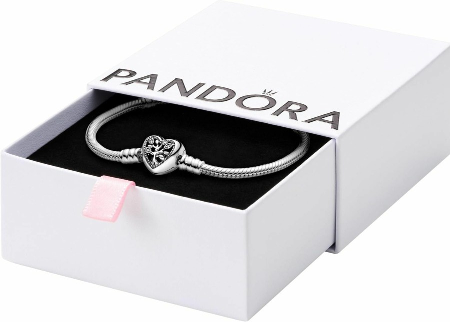 Pandora Pandora Moments Family Tree Heart Clasp Snake Chain Bracelet - Compatible Moments Charms - Sterling Silver, Cz & Black Enamel Charm Bracelet - Mother'S Day Gift - With Gift Box Best