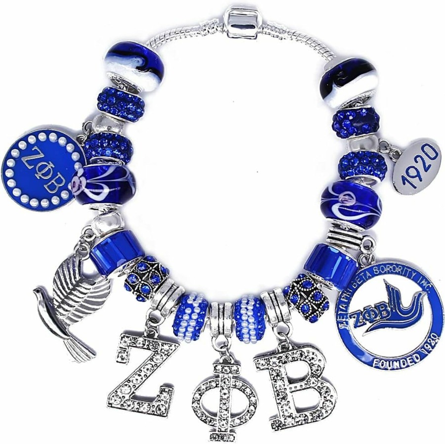 Youngsome Youngsome Delicate Zeta Sorority Society Rhinestone Pendant Blue Big Hole Glass Bead Bracelet Bangle Clearance