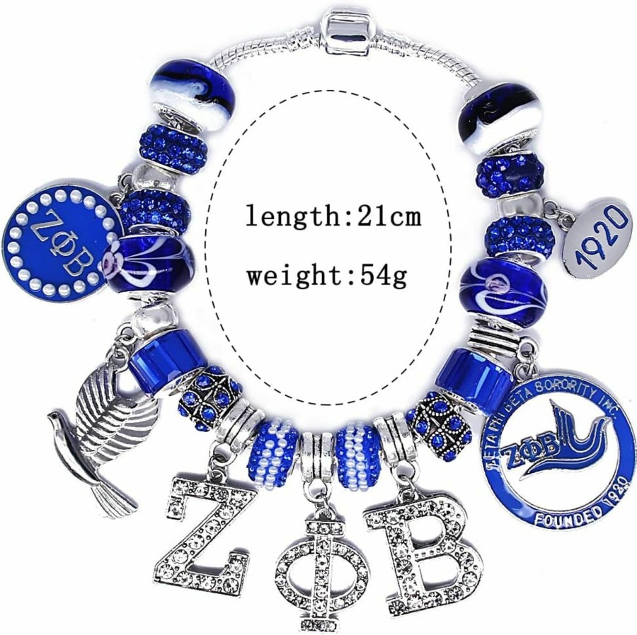 Youngsome Youngsome Delicate Zeta Sorority Society Rhinestone Pendant Blue Big Hole Glass Bead Bracelet Bangle Clearance