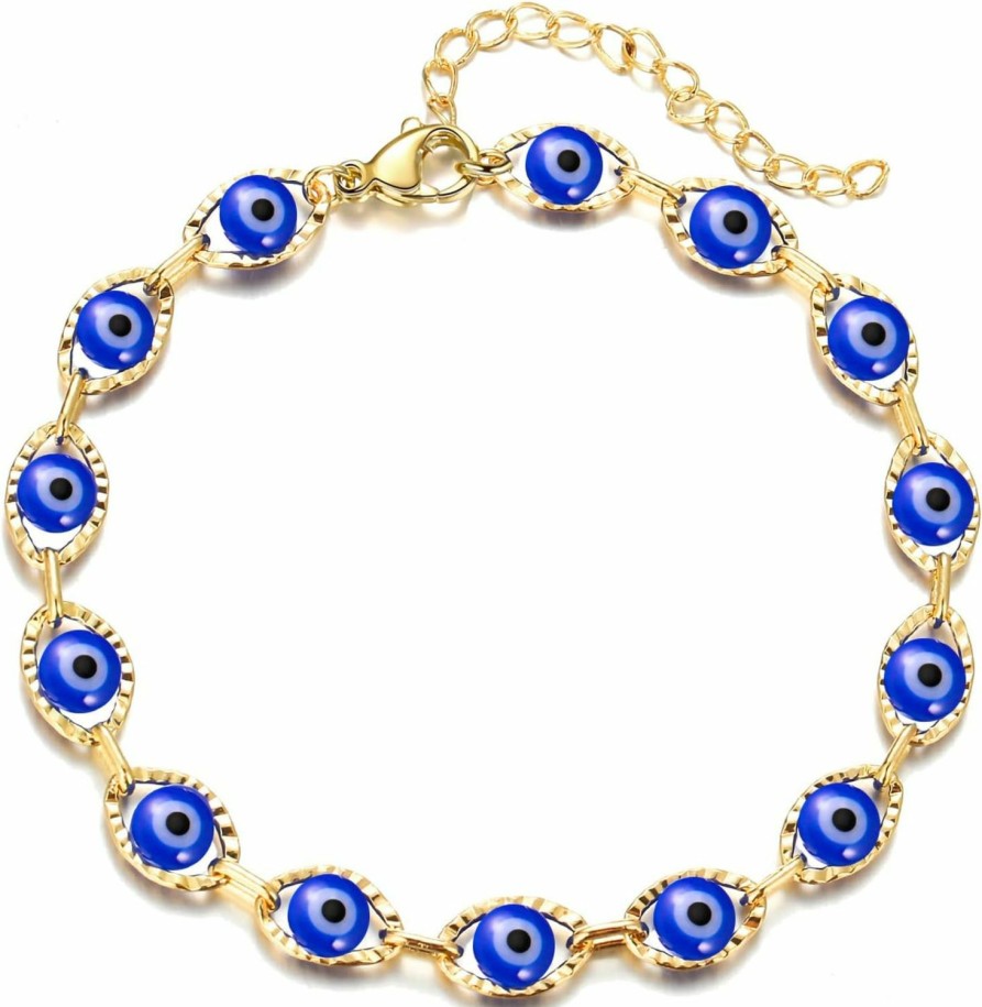 Fesciory Dainty Evil Eye Bracelets For Women, Gold Plated Adjustable Evil Eye Lucky Amulet Chain Bracelet Jewelry Gifts Wholesale