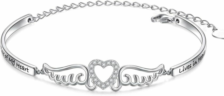 FLYOW Flyow S925 Sterling Silver A Piece Of My Heart Is In Heaven Bracelet Angel Wings Jewelry In Memory Of Mom Dad Grandma Grandpa Baby Loss Memorial Gift Best