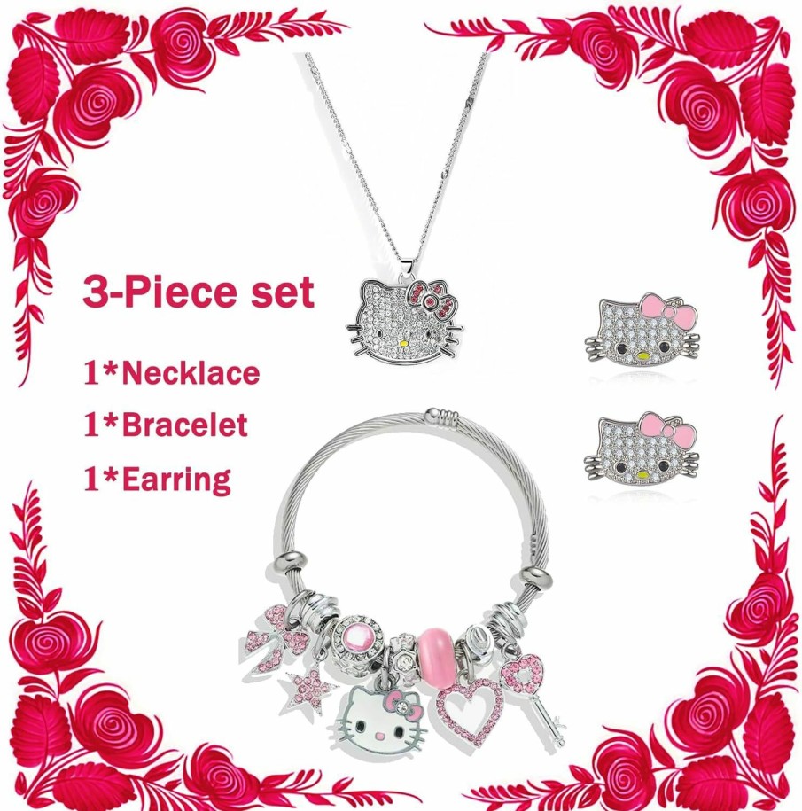 Generic 3Pcs Cute Cat Cuff Bangle Bracelets For Women Girls,Cartoon Kitty Earrings Necklace Adjustable Stainless Steel Bangle, Jewelry Set For Girls Best