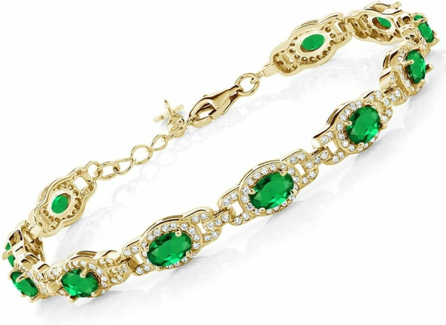 Gem Stone King Gem Stone King 18K Yellow Gold Plated Silver Green Simulated Emerald Tennis Bracelet For Women (8.00 Cttw, Oval 6X4Mm, 7 Inch With 1 Inch Extender) New