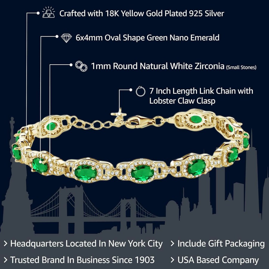 Gem Stone King Gem Stone King 18K Yellow Gold Plated Silver Green Simulated Emerald Tennis Bracelet For Women (8.00 Cttw, Oval 6X4Mm, 7 Inch With 1 Inch Extender) New