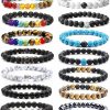 FIRAZIO Firazio 14Pcs Black Lava Stone 7 Chakra Bracelets 8Mm Yinyang Rock Bead Elastic Bracelet Healing Crystals Stones Bracelets Yoga Beaded Bracelets Essential Oil Diffuser For Men Women Jewelry Best