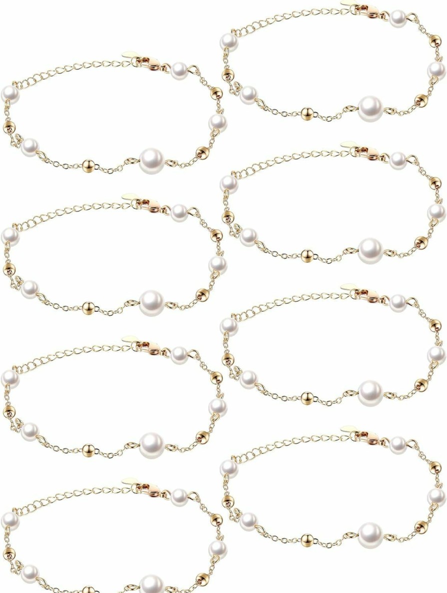 Ecally Ecally 8 Pcs Bridesmaid Bracelets For Women Freshwater Pearl Bracelet Dainty Gold Bracelet Pearl Beaded Bracelet Simple Bracelet Adjustable Bridal Bracelet Bridesmaid Gifts For Wedding Girl Wholesale