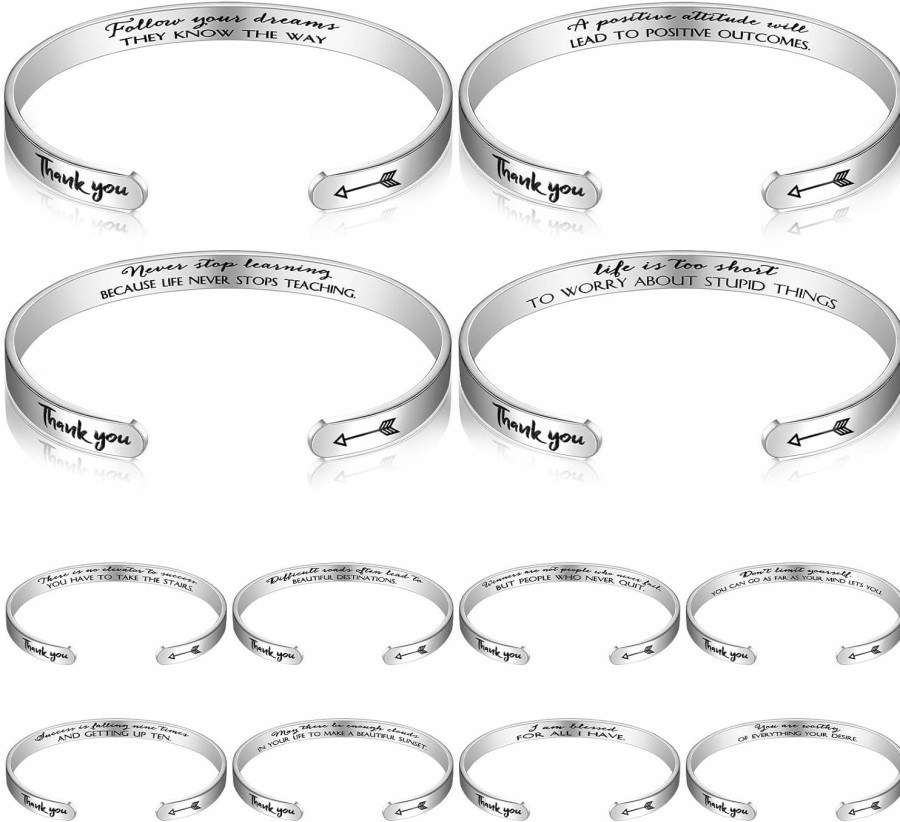 Fumete Fumete 12 Pcs Employee Appreciation Gift Bulk Inspirational Cuff Bracelet For Women Stainless Steel Engraved Adjustable Bracelet For Teacher Coworker Graduation Gift Thank You Gift New