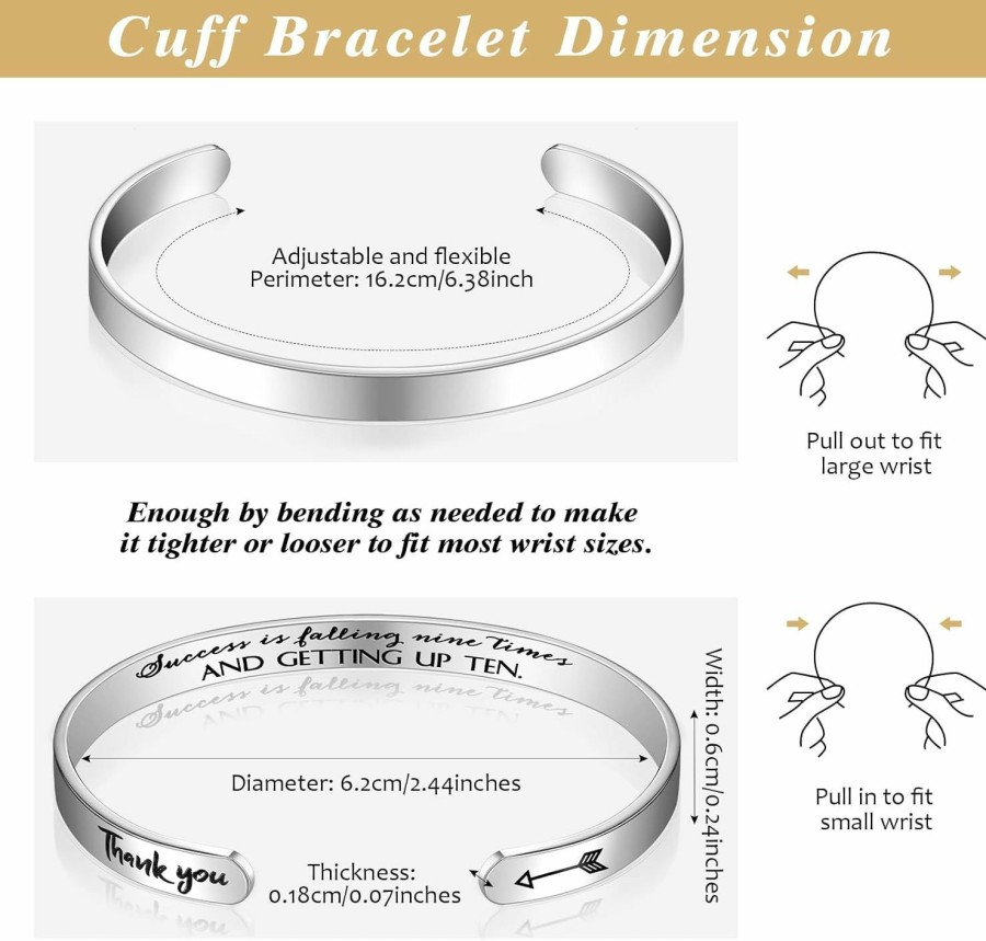 Fumete Fumete 12 Pcs Employee Appreciation Gift Bulk Inspirational Cuff Bracelet For Women Stainless Steel Engraved Adjustable Bracelet For Teacher Coworker Graduation Gift Thank You Gift New