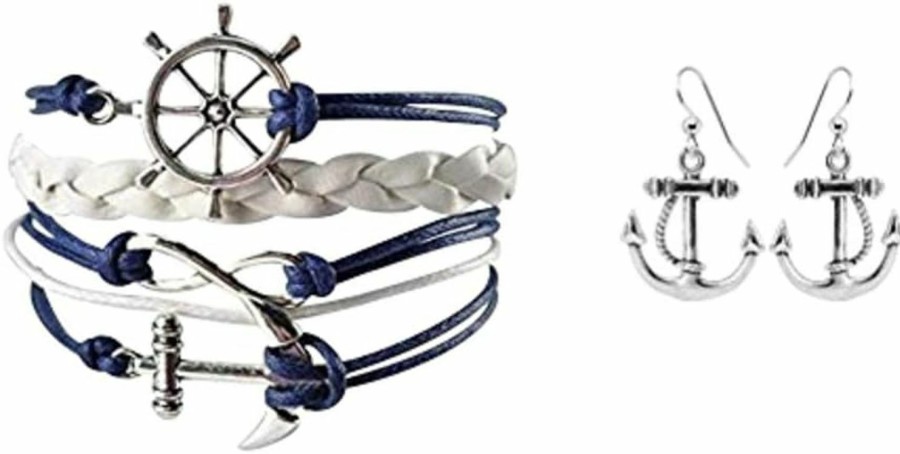 Infinity Collection Infinity Collection - Nautical Anchor Charm Earrings & Bracelet For Women, Navy And White Anchor Braided Bracelet - Weaved Leather Rope With Ship Wheel, Infinity, And Anchor Charm Bracelet Wholesale