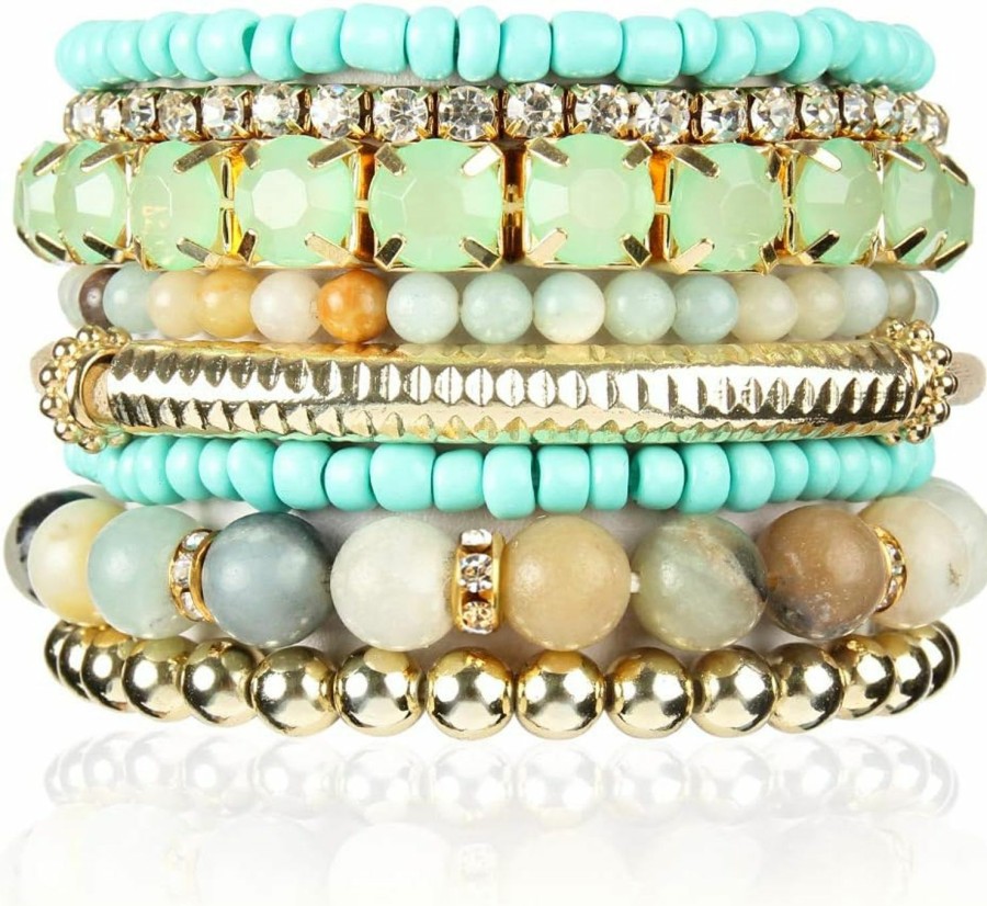 RIAH FASHION Riah Fashion Multi Color Stretch Beaded Stackable Bracelets - Layering Bead Strand Statement Wrap Bangles Hot