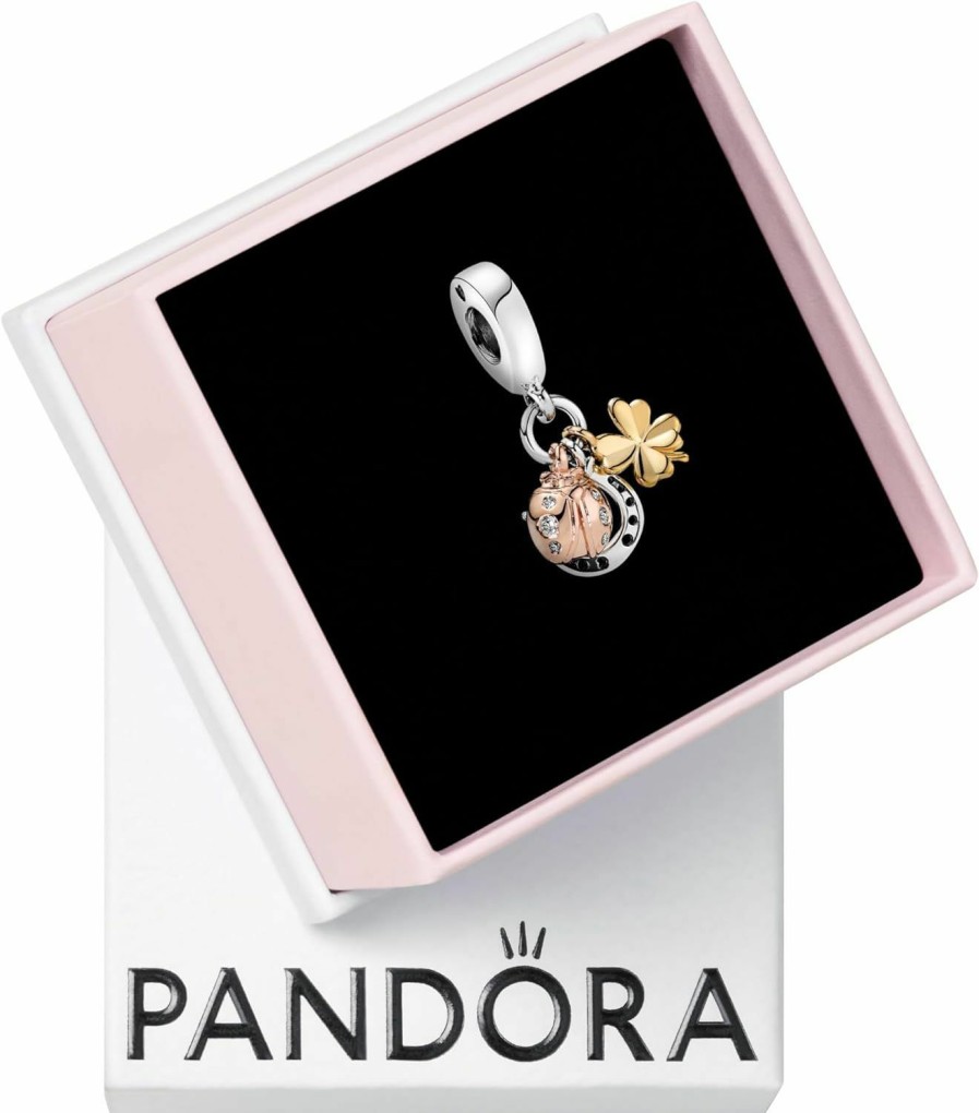 Pandora Pandora Jewelry Horseshoe, Clover And Ladybird Dangle Cubic Zirconia Charm In Sterling Silver, 18Ct Gold And 14K Rose Gold New