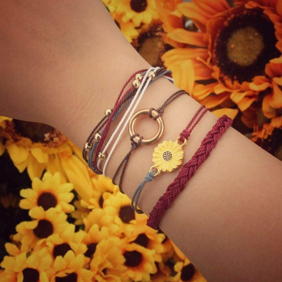 FANCY SHINY Fancy Shiny Sunflower String Bracelet Handmade Braided Rope Charms Boho Surfer Bracelet For Teen Girls Women New