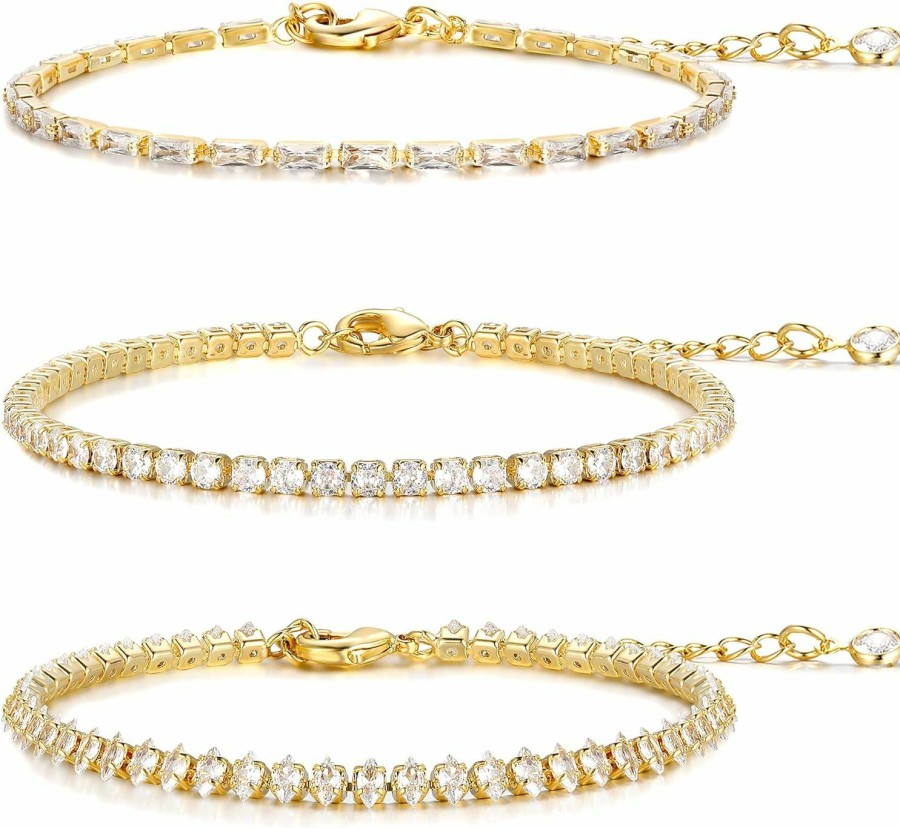 17KM 5 Pcs Gold Bracelets For Women Teen Girls, 14K Real Gold Plated Adjustable Cubic Zirconia Dainty Tennis Anklet Bracelets Pack, Classic Bracelets Aesthetic Jewelry For Gift Wholesale