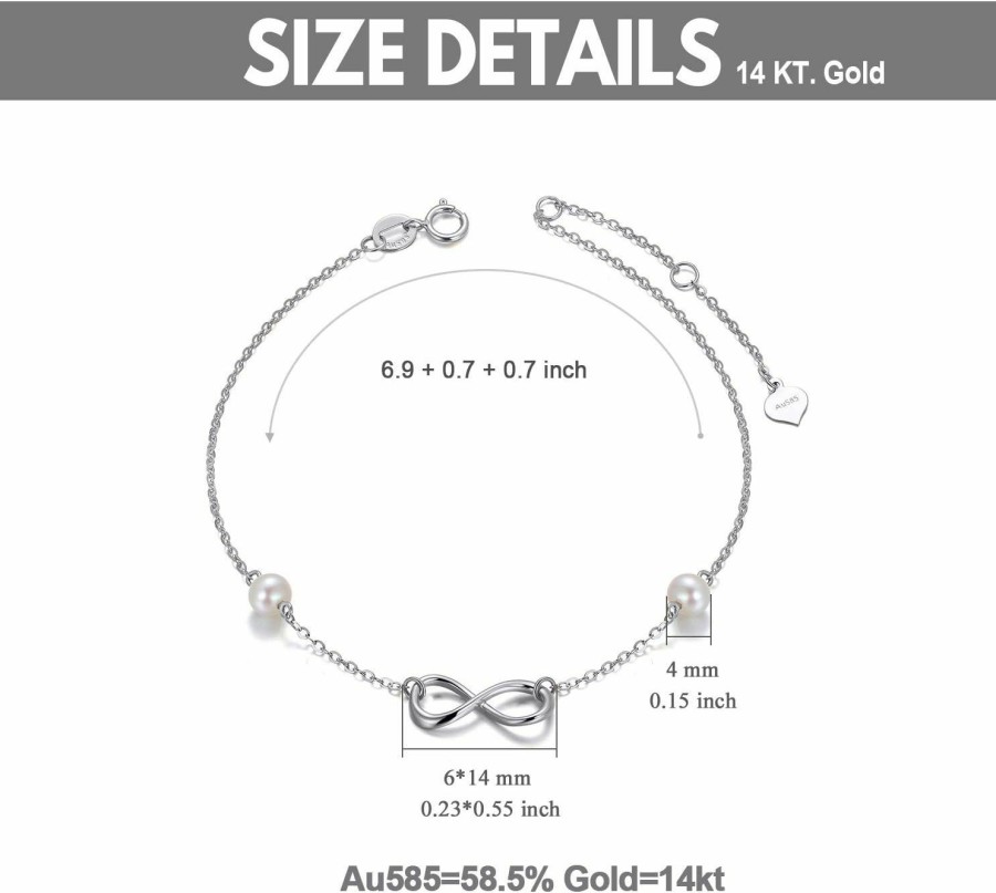 SISGEM Sisgem 14K Gold Infinity Bracelet For Women, Real Pearl Love Knot Bracelet, 6.9\"+0.7\"+0.7\" New