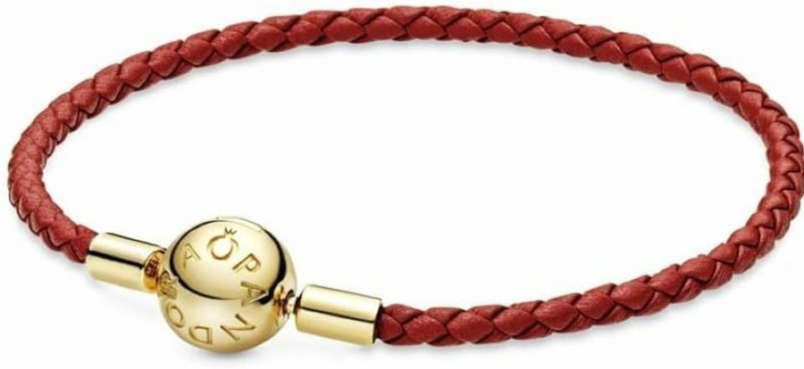 Pandora Pandora Moments Woven Leather Bracelet With 18K Gold-Plated Clasp - Compatible Moments Charms - Charm Bracelet For Women - Features Shine & Leather - Gift For Her - Red, With Gift Box New