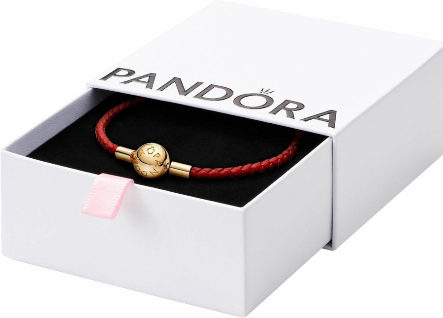 Pandora Pandora Moments Woven Leather Bracelet With 18K Gold-Plated Clasp - Compatible Moments Charms - Charm Bracelet For Women - Features Shine & Leather - Gift For Her - Red, With Gift Box New