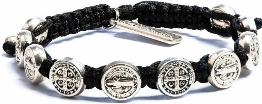 My Saint My Hero My Saint My Hero Benedictine Blessing Bracelet, Handwoven - Black Cording/Silver Medals With Silver \"Blessed\" Tag Hot