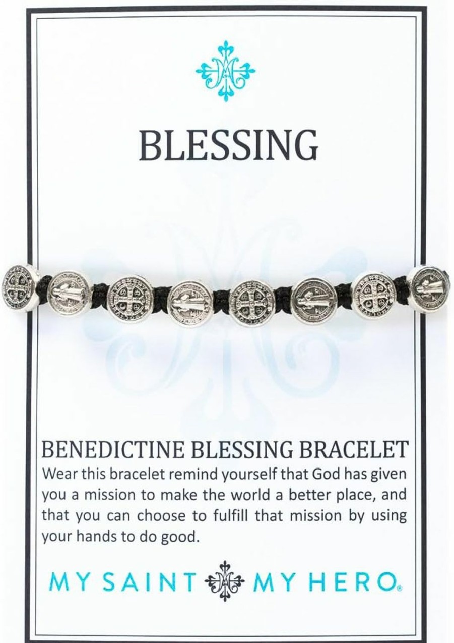 My Saint My Hero My Saint My Hero Benedictine Blessing Bracelet, Handwoven - Black Cording/Silver Medals With Silver \"Blessed\" Tag Hot