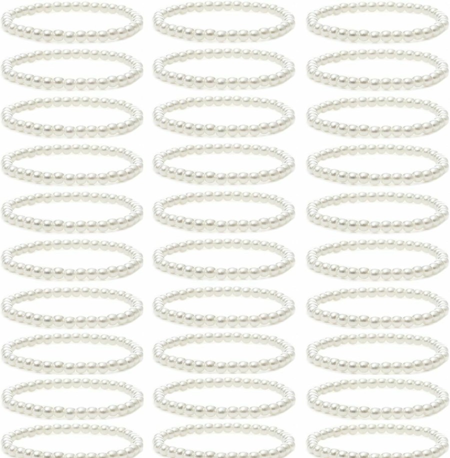 MOZAKA Mozaka 30 Pieces 6Mm/8Mm Faux White Pearl Bracelets For Women Stackable Stretch Beaded Bracelets Simulated Pearl Bracelet Set For Bridesmaid Bridal Wedding Party Jewelry Wholesale