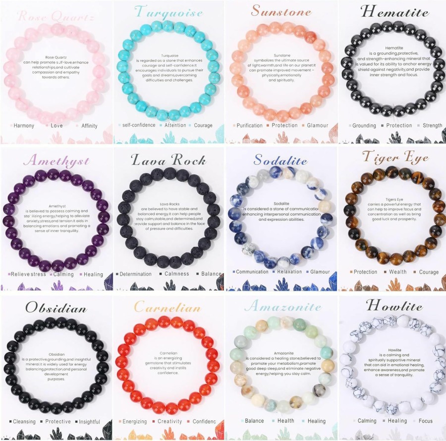 SAMOCO Samoco 12Pcs Healing Stone Beaded Bracelets For Women Men Semi-Precious Gemstones Bracelets Crystal Beaded Bracelet Uni Adjustable Stretch Bracelets 8Mm Hot