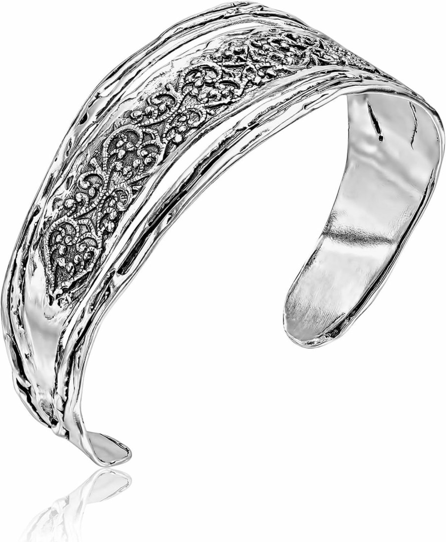 JEAN RACHEL JEWELRY 925 Sterling Silver Cuff Bracelet Adjustable Floral Design Nature Motif Casual And Elegant Look Hypoallergenic Nickel And Lead-Free Artisan Handcrafted Designer Collection, Made In Israel New